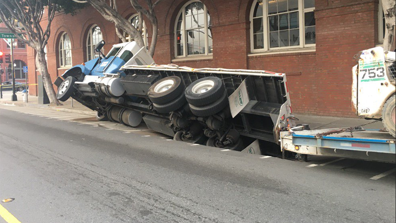 Truck Falls Into Sinking California Road