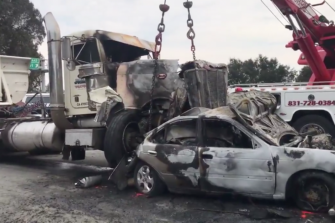 Witnesses say big rig's brakes were smoking before it plowed into 20 other vehicles