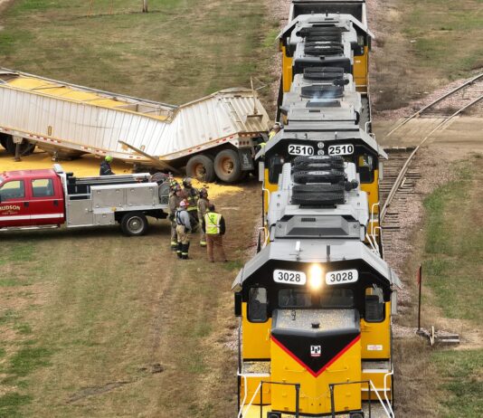 Police say grain truck driver ‘FAILED TO YEILD’ to train, resulting in crash and cargo spill
