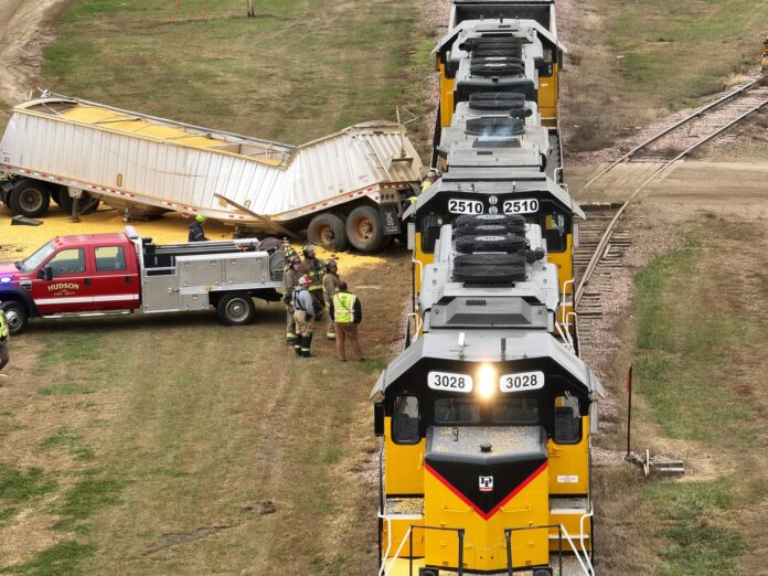 Police say grain truck driver ‘FAILED TO YEILD’ to train, resulting in crash and cargo spill