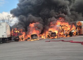 Pennsylvania firefighters say accident sparked fire that CHARRED multiple big rigs