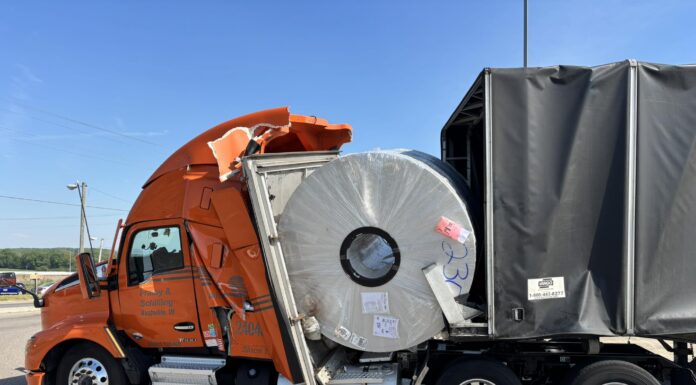 Truck driver survives after coil crashes into cab on Tennessee roadway